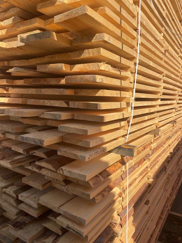 Edge view of sawn boards catching warm evening light